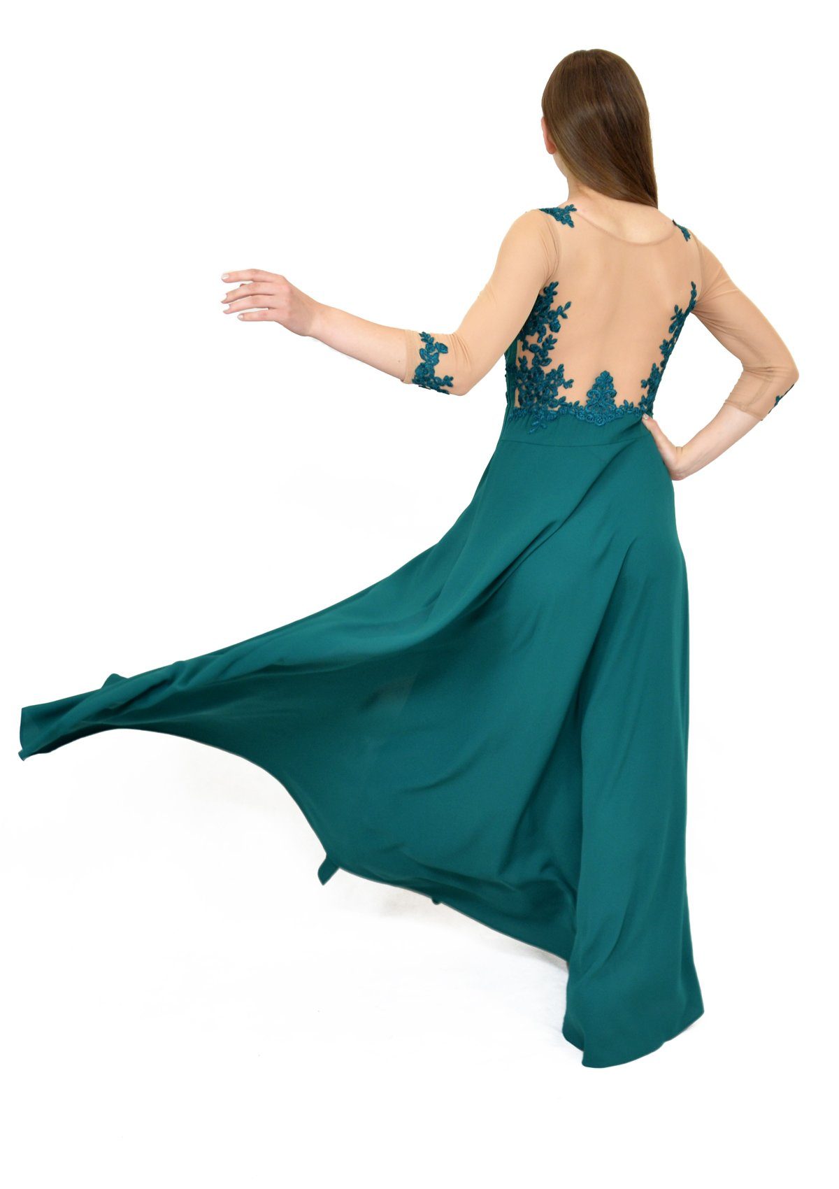 Rochie cusută manual cu mâneci din plasă, verde turcoaz Rochie R80106 