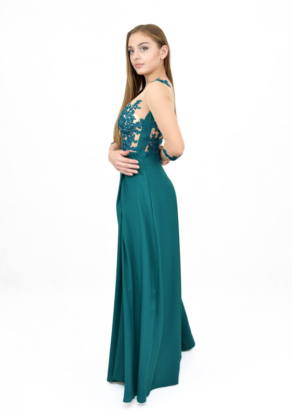 Rochie cusută manual cu mâneci din plasă, verde turcoaz Rochie R80106 