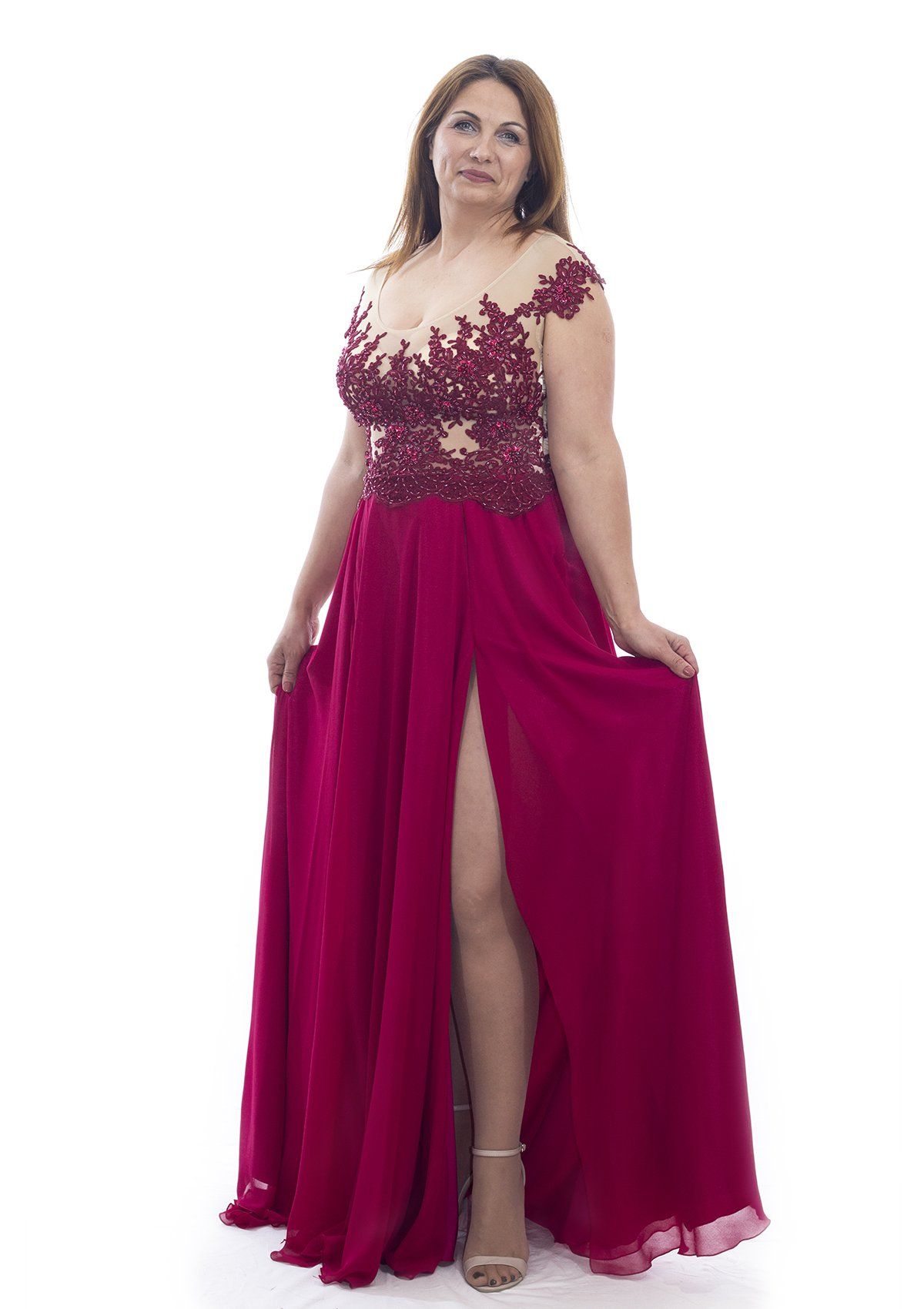 Rochie cusuta manual cu voal, grena Rochie R80033 