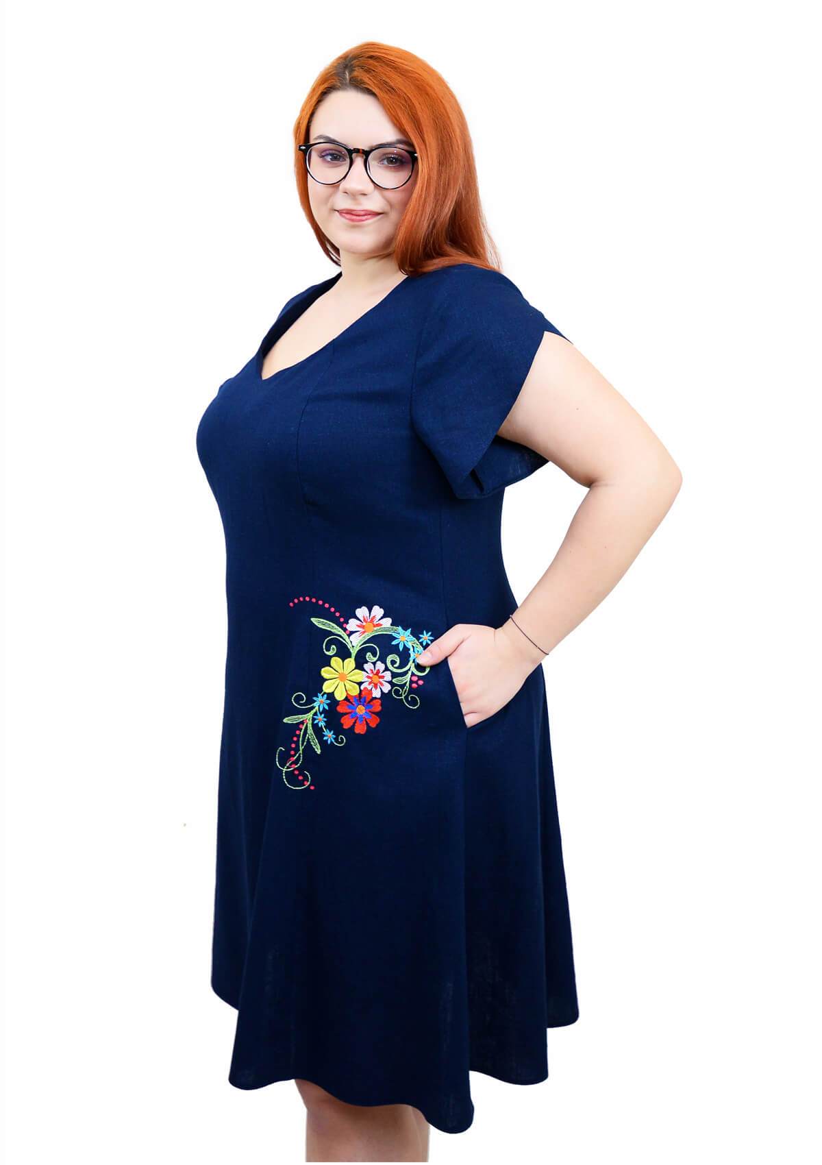 Rochie din in cu broderie florala, bleomarin Rochie R80163 