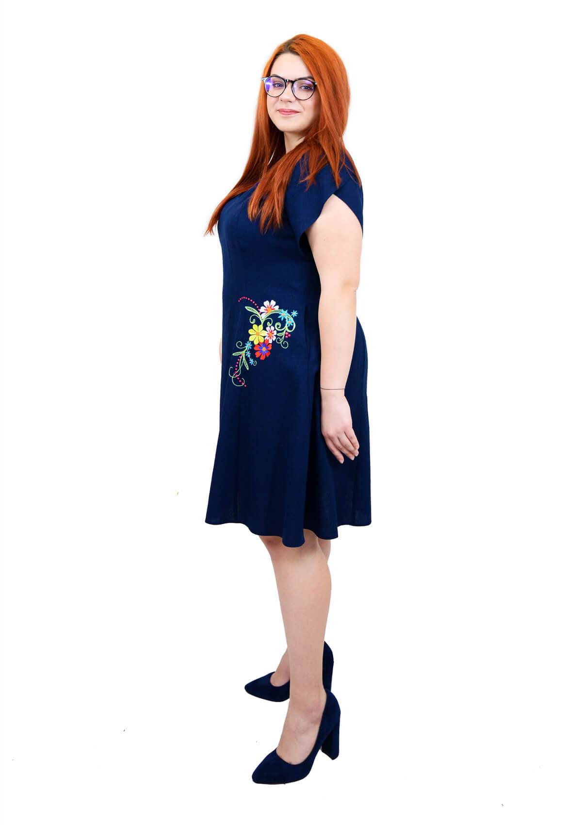 Rochie din in cu broderie florala, bleomarin Rochie R80163 