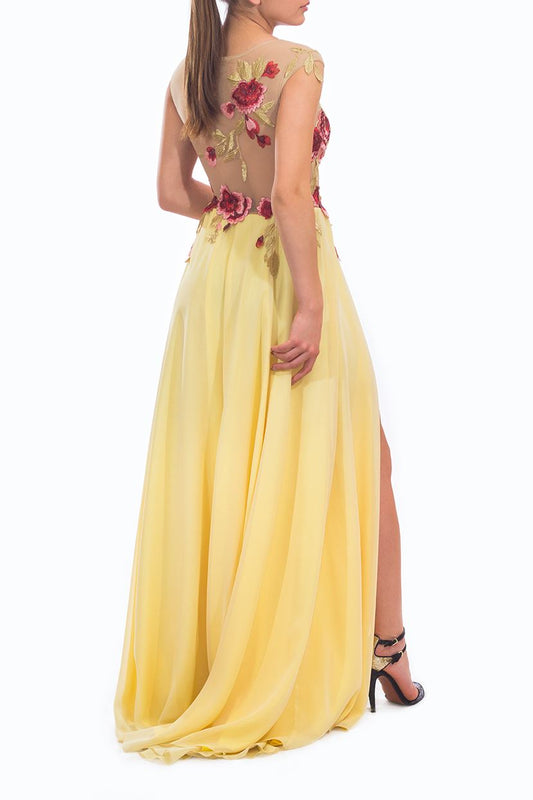 Rochie galbenă din voal cusută manual Rochie R800253 